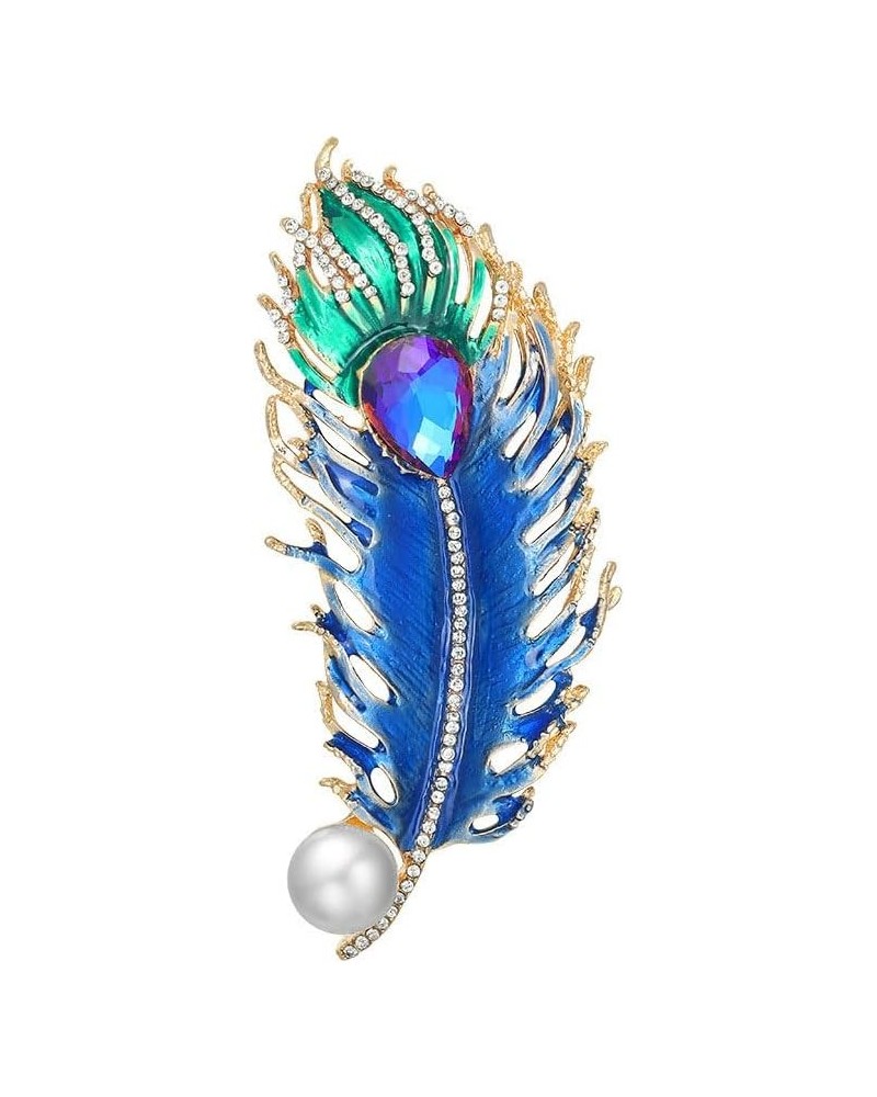 Charm Peacock Feather Brooch Pin Large Blue Feather Lapel Pin Elegant Pearl Rhinestone Feather Breastpin Gift for Women Girls...