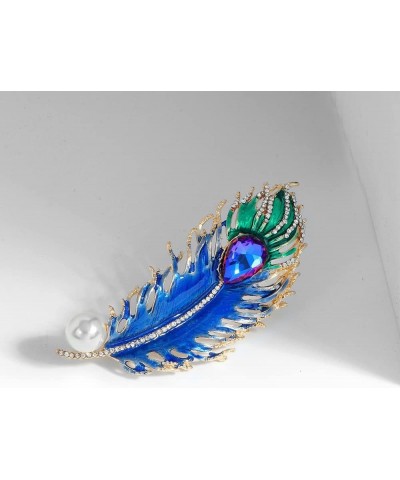 Charm Peacock Feather Brooch Pin Large Blue Feather Lapel Pin Elegant Pearl Rhinestone Feather Breastpin Gift for Women Girls...