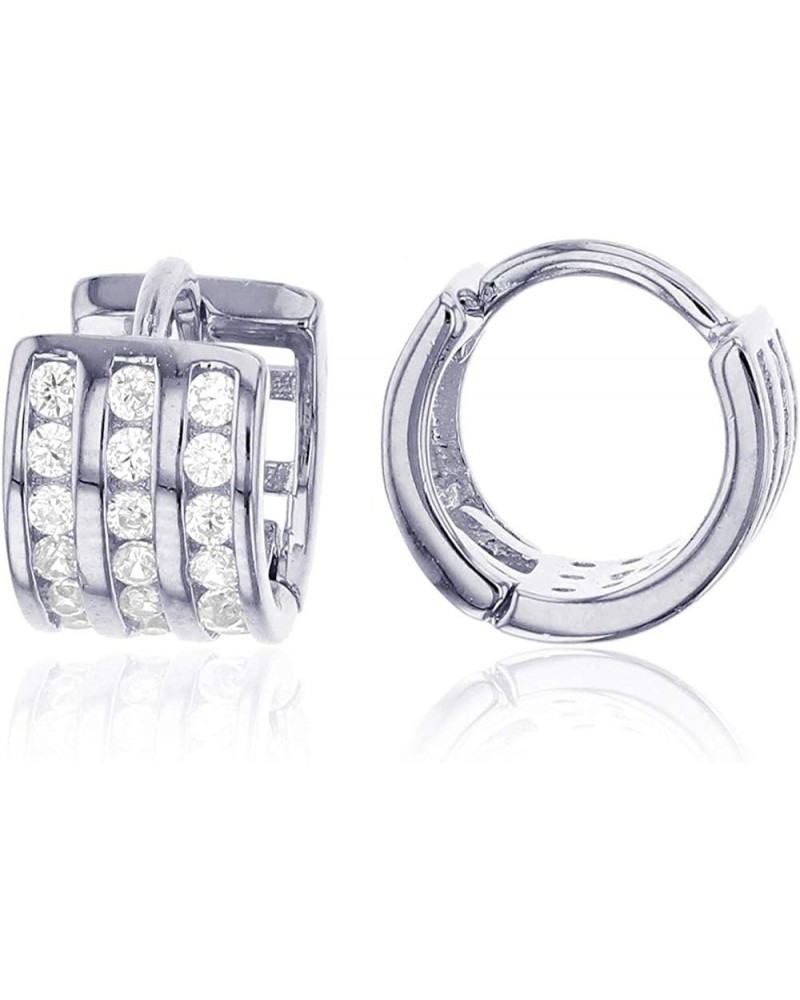 Sterling Silver Polished Channel Huggie Hoop Earrings for Women and Girls | AAA Cubic Zirconia Hoop Earrings | Secure Tube Ca...