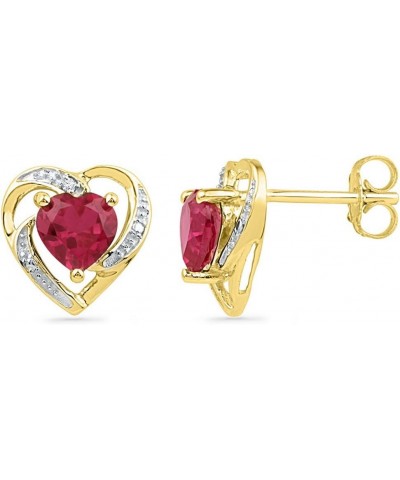 Solid 10k Yellow Gold Heart Round Red Simulated Ruby And White Diamond Classic Solitaire One Stone Halo Prong Set Stud Earrin...