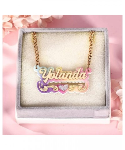 Personalized Name Plate Necklace Gold Double Plated Nameplate Necklace with Heart Teddy Colorful Acrylic Board Made Name/lett...