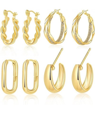 4,5 Pairs Gold Chunky Hoop Earrings Set for Women Girls, Real 14K Gold Plated Twisted Huggie Hoop Earring Hypoallergenic, Thi...