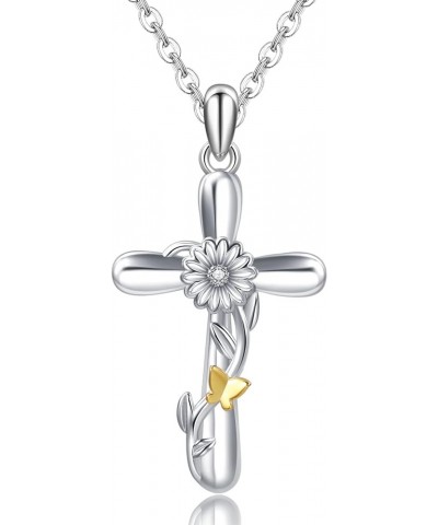 S925 Sterling Silver Sunflower Cross Necklaces For Women Sunshine Faith Cross Pendant Necklace Religious Baptism Anniversary ...