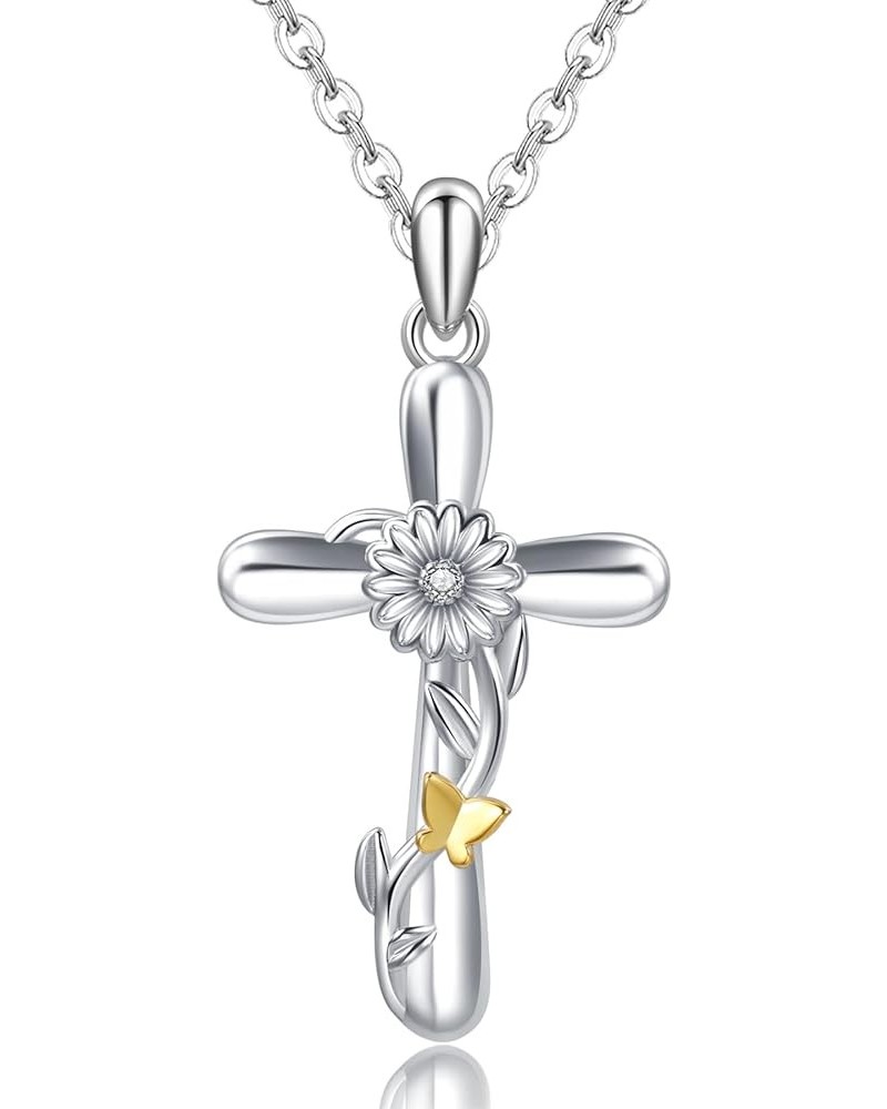 S925 Sterling Silver Sunflower Cross Necklaces For Women Sunshine Faith Cross Pendant Necklace Religious Baptism Anniversary ...