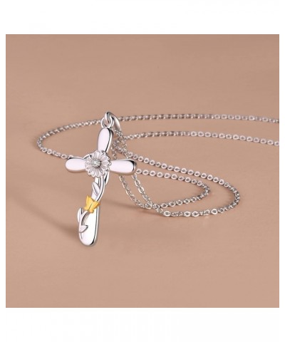 S925 Sterling Silver Sunflower Cross Necklaces For Women Sunshine Faith Cross Pendant Necklace Religious Baptism Anniversary ...