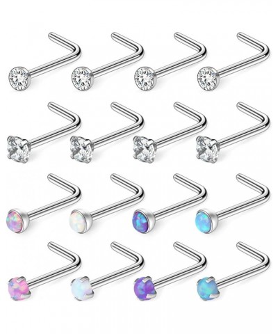 18G 316L Surgical Steel 1.5mm 2mm 2.5mm 3mm Jeweled Opal & Clear CZ Nose L-Shaped Rings Studs Ring Body Piercing Jewelry 8-16...