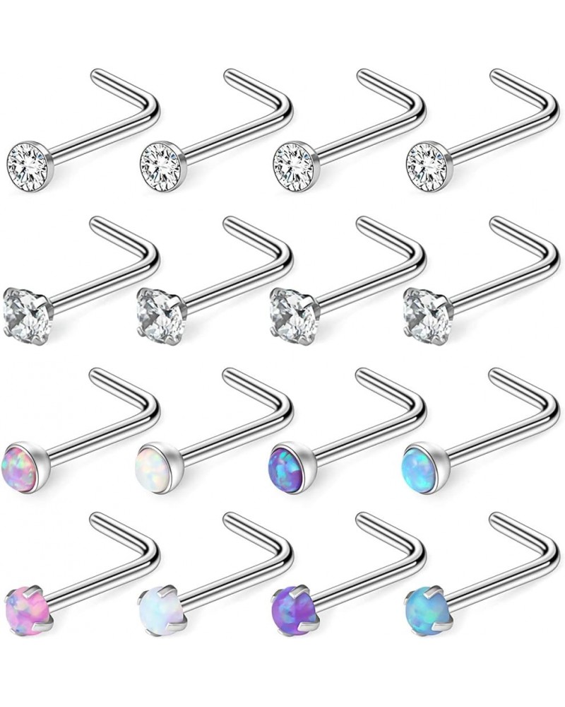 18G 316L Surgical Steel 1.5mm 2mm 2.5mm 3mm Jeweled Opal & Clear CZ Nose L-Shaped Rings Studs Ring Body Piercing Jewelry 8-16...