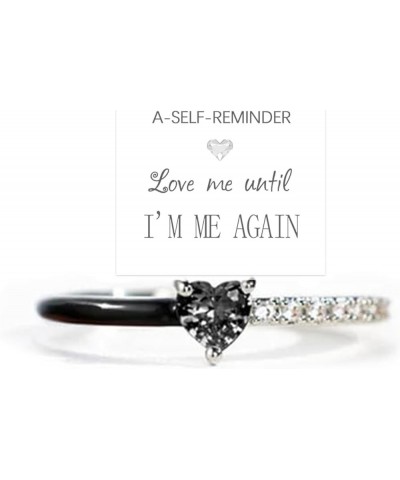 Love Me Until I'M Me Again Black Heart-Cut Half Enamel Ring, S925 Sterling Silver Heart Rings Self-Love Ring Gift, Jewelry Bi...