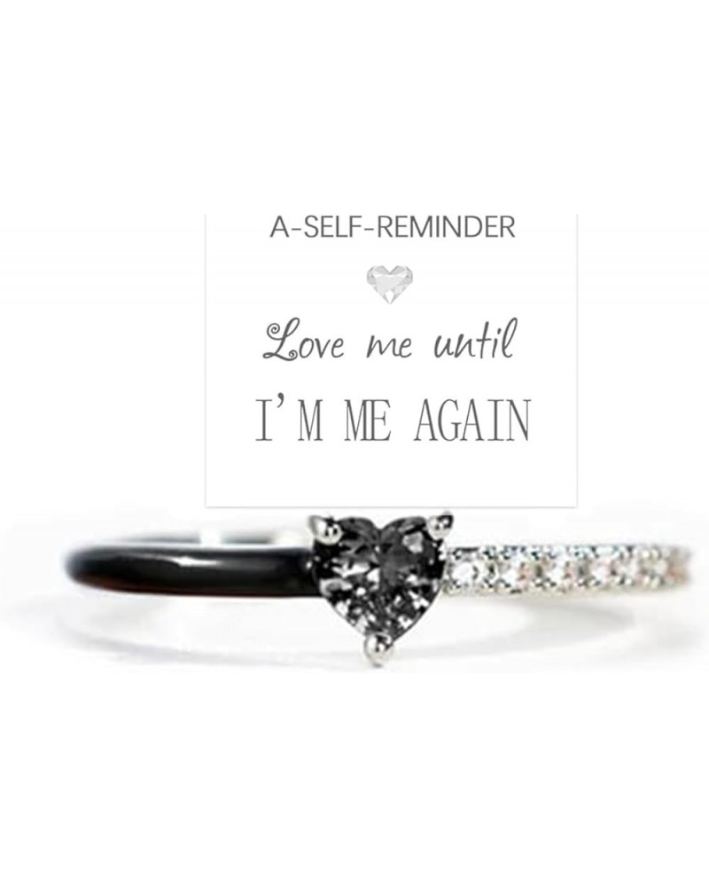 Love Me Until I'M Me Again Black Heart-Cut Half Enamel Ring, S925 Sterling Silver Heart Rings Self-Love Ring Gift, Jewelry Bi...