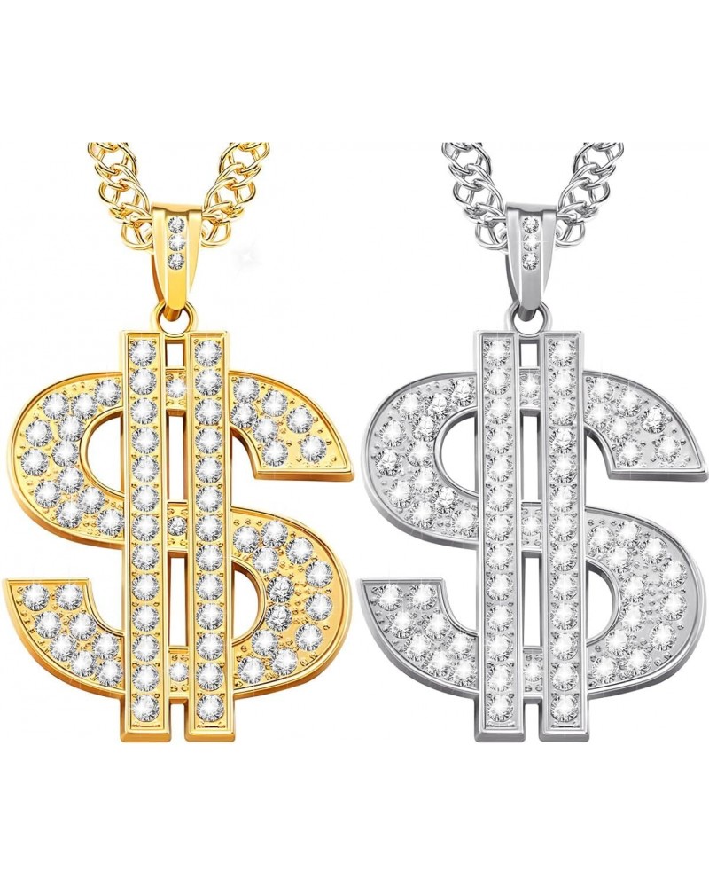 2 Pieces Money Chain Dollar Sign Necklaces Hip Hop Pendant Chain Jewelry for Men Women Bar Party Gold Silver $9.68 Necklaces