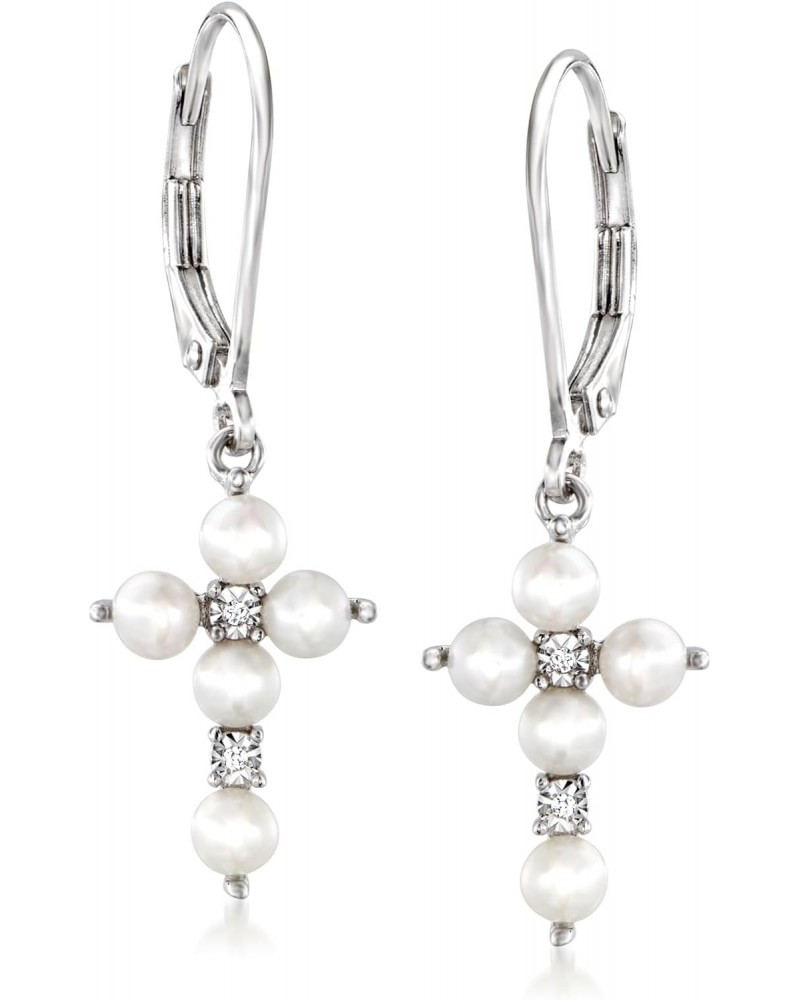 3-3.5mm Cultured Pearl Cross Drop Earrings With Diamond Accents in Sterling Silver $50.88 Earrings