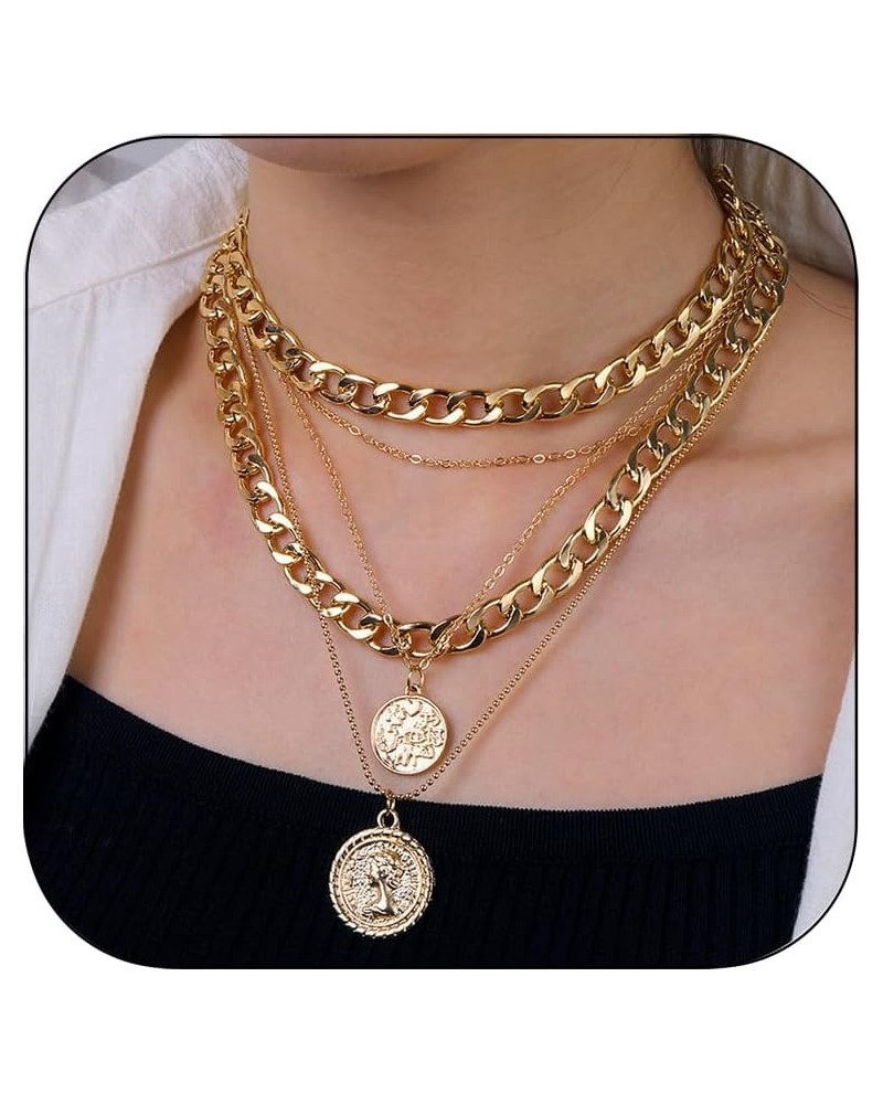 Chunky Gold Necklaces for Women,Multilayer Punk 80s Hip Hop Necklace,Layered Cuban Link Chain Statement Necklace Coin Gold $7...