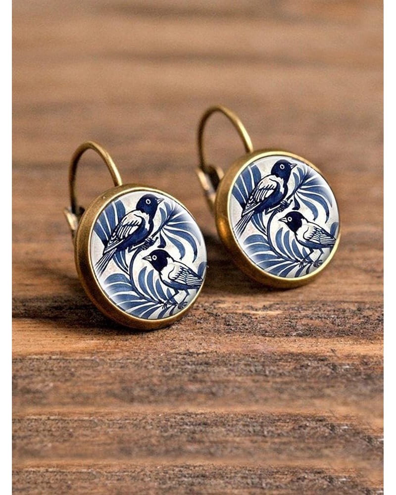 Bird Pattern Round Earrings Multicolor $9.78 Earrings