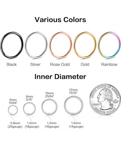 Hinged Nose Rings Hoop Surgical Steel 20G 18G 16G, Diameter 6mm to 12mm, Color Gold Rose Gold Silver Black Rainbow 5Pcs 16G-9...