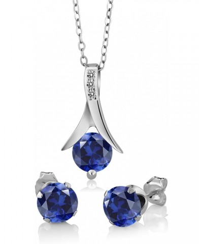 925 Sterling Silver Blue Created Sapphire and White Diamond Pendant and Earrings Jewelry Set For Women (2.30 Cttw, with 18 In...