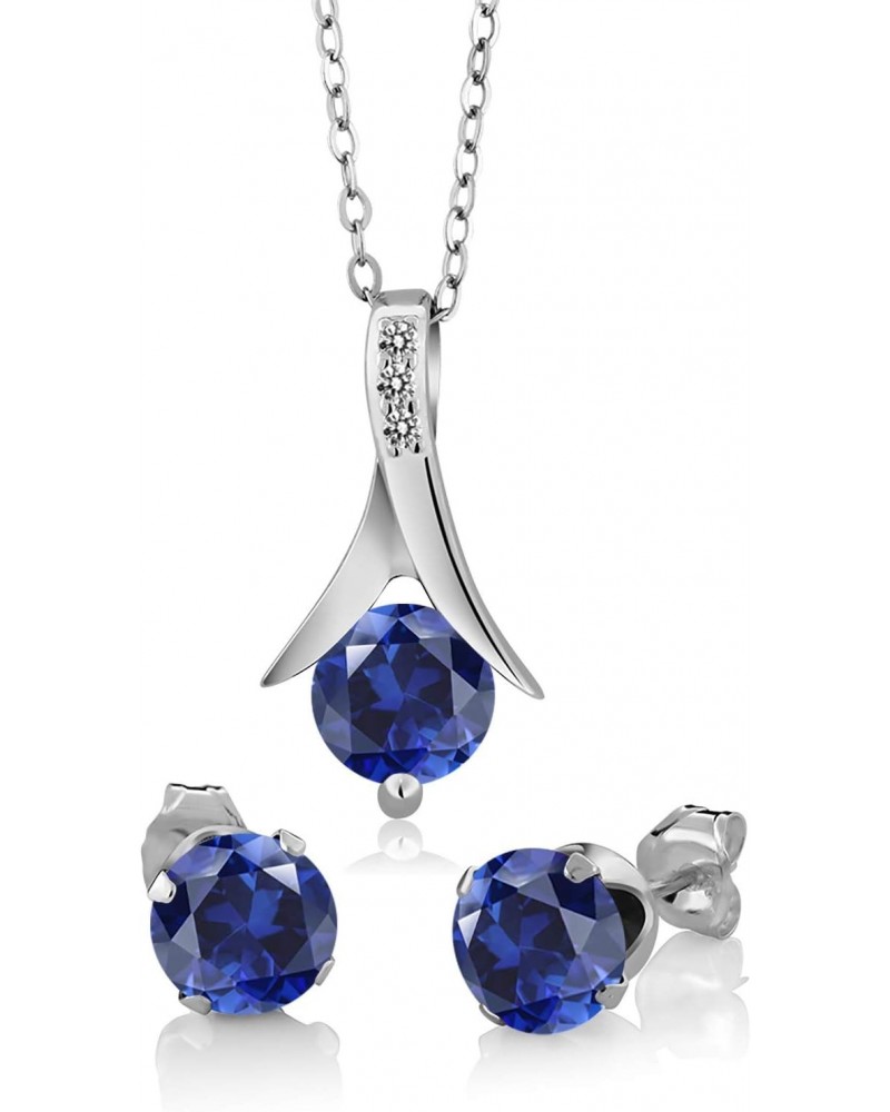 925 Sterling Silver Blue Created Sapphire and White Diamond Pendant and Earrings Jewelry Set For Women (2.30 Cttw, with 18 In...