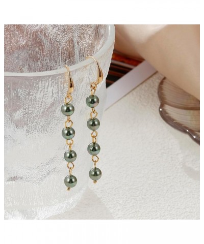 Long Pearl Earrings for Women, Shell Pearl Drop Earrings for Women 18k Gold Plated Simulated Pearl Tassel Earrings Dark Green...