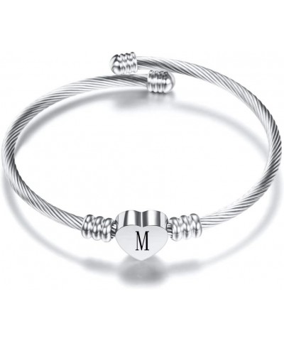 Stainless Steel Cable Wire Heart Charm Alphabet Initial Letters Adjustable Size Bangle Bracelet Silver-M $7.19 Bracelets