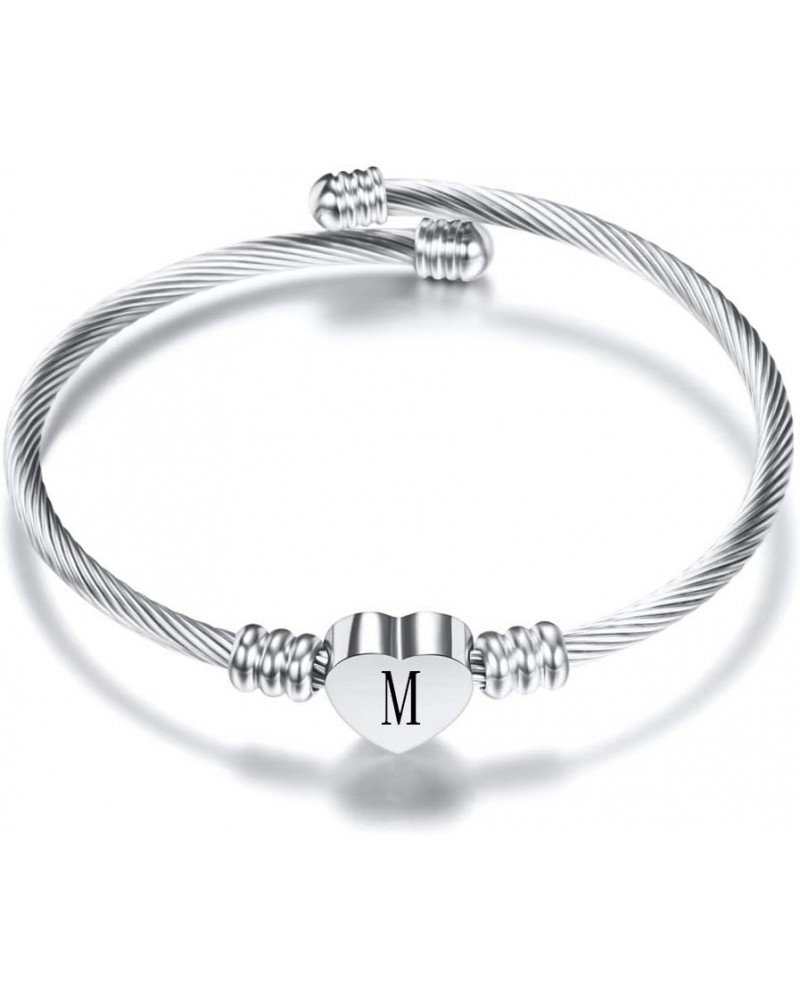 Stainless Steel Cable Wire Heart Charm Alphabet Initial Letters Adjustable Size Bangle Bracelet Silver-M $7.19 Bracelets