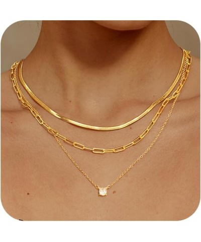 Gold Layered Set Necklaces for Women, Dainty 14K Gold Plated Layered CZ Pendant Necklaces Simple Gold Herringbone Snake Choke...