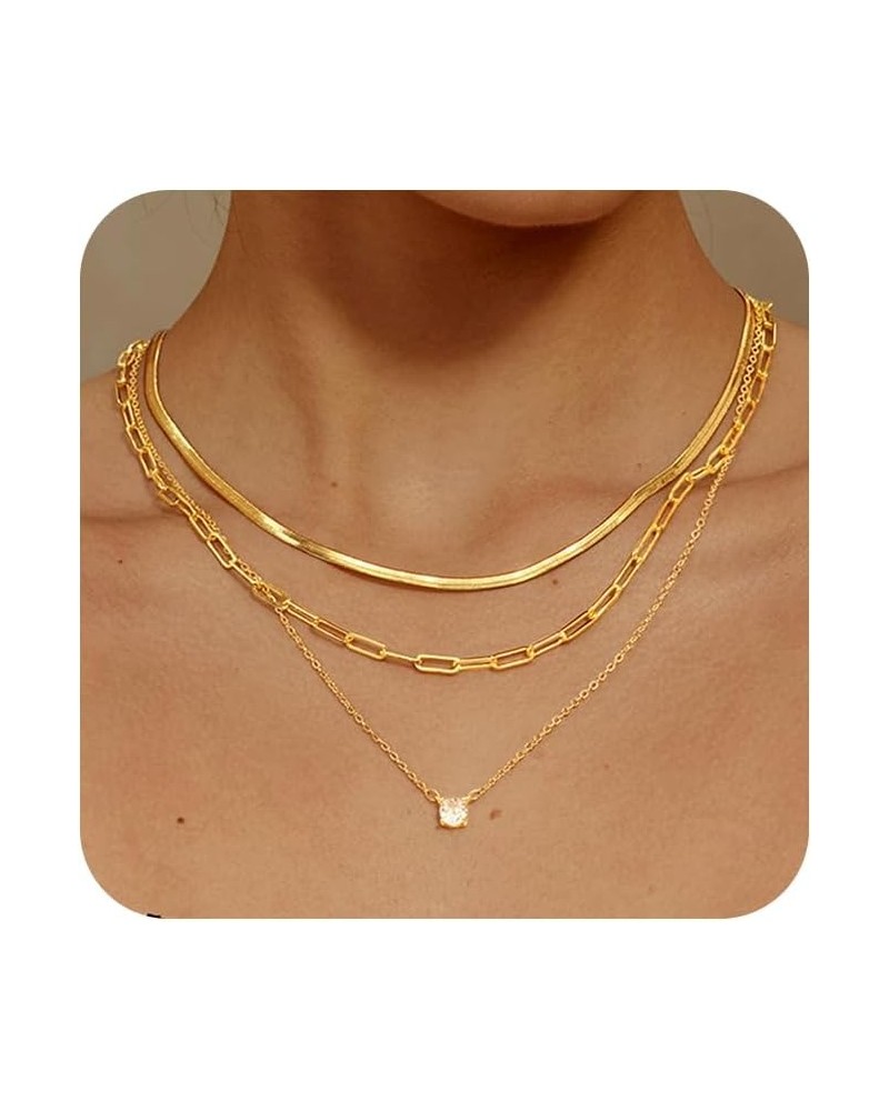 Gold Layered Set Necklaces for Women, Dainty 14K Gold Plated Layered CZ Pendant Necklaces Simple Gold Herringbone Snake Choke...