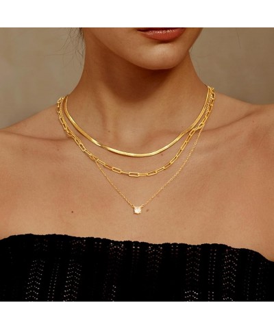 Gold Layered Set Necklaces for Women, Dainty 14K Gold Plated Layered CZ Pendant Necklaces Simple Gold Herringbone Snake Choke...