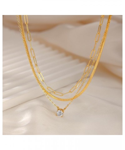 Gold Layered Set Necklaces for Women, Dainty 14K Gold Plated Layered CZ Pendant Necklaces Simple Gold Herringbone Snake Choke...