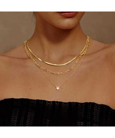 Gold Layered Set Necklaces for Women, Dainty 14K Gold Plated Layered CZ Pendant Necklaces Simple Gold Herringbone Snake Choke...