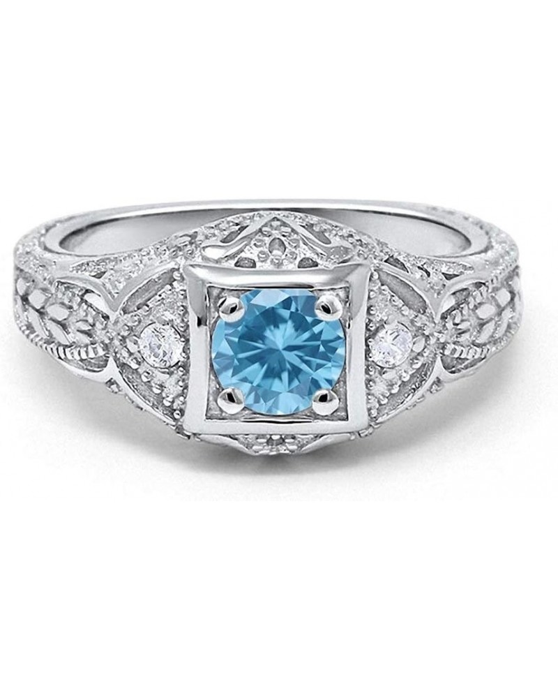 Art Deco Antique Style Wedding Engagement Ring Simulated Round Cubic Zirconia 925 Sterling Silver Choose Color Simulated Aqua...