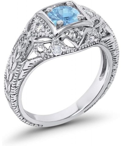 Art Deco Antique Style Wedding Engagement Ring Simulated Round Cubic Zirconia 925 Sterling Silver Choose Color Simulated Aqua...