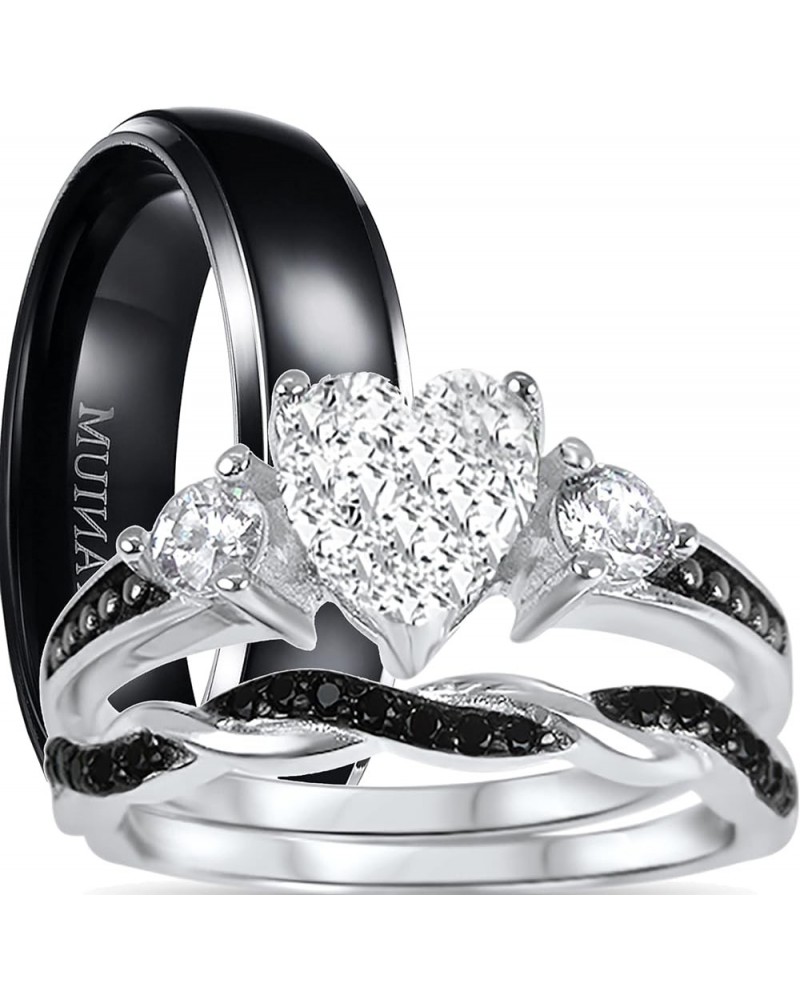 His and Hers 3 Piece Trio Sterling Silver Black Wedding Band Engagement Ring Set Her 6 - His 12 $38.95 Sets