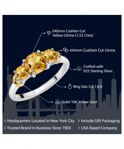 925 Sterling Silver and 10K Yellow Gold Yellow Citrine 3 Stone Engagement Ring For Women (1.53 Cttw, Cushion Cut 6MM and 4MM,...