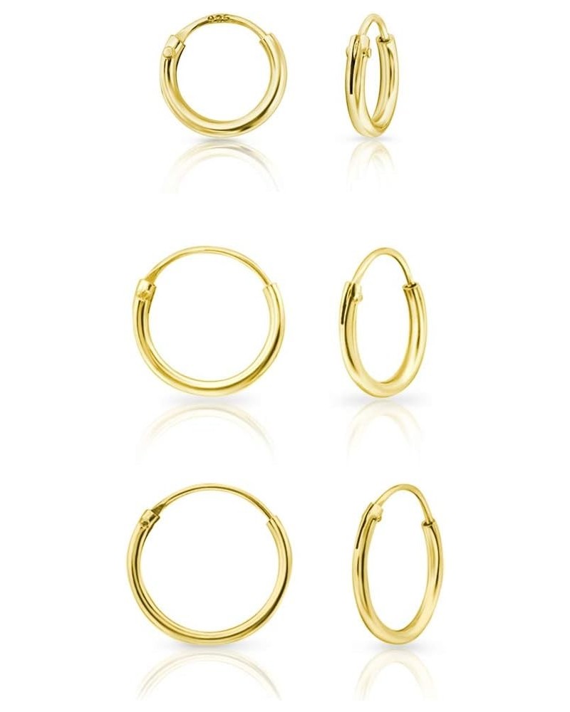 Set of 3 PAIRS of VERY TINY 925 Sterling Silver, 24K Yellow or 18K Rose Gold Plated Endless Hoop/Sleeper Earrings - Cartilage...