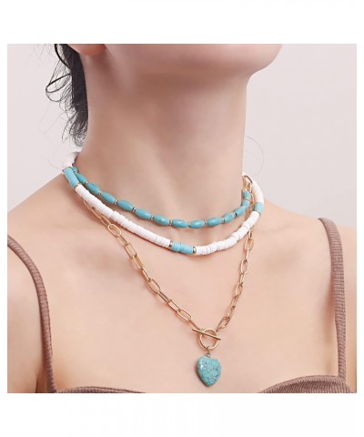 Layered Heart Pendant Necklace Boho Turquoise Necklace Ocean Design Style for Women Girls $7.33 Necklaces