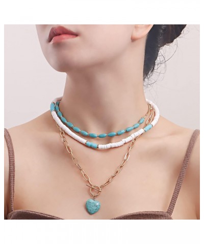 Layered Heart Pendant Necklace Boho Turquoise Necklace Ocean Design Style for Women Girls $7.33 Necklaces