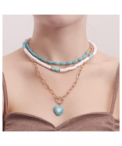 Layered Heart Pendant Necklace Boho Turquoise Necklace Ocean Design Style for Women Girls $7.33 Necklaces