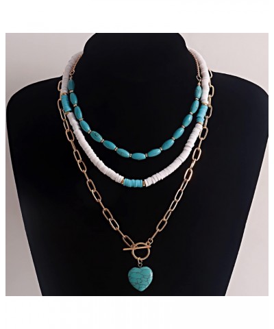 Layered Heart Pendant Necklace Boho Turquoise Necklace Ocean Design Style for Women Girls $7.33 Necklaces