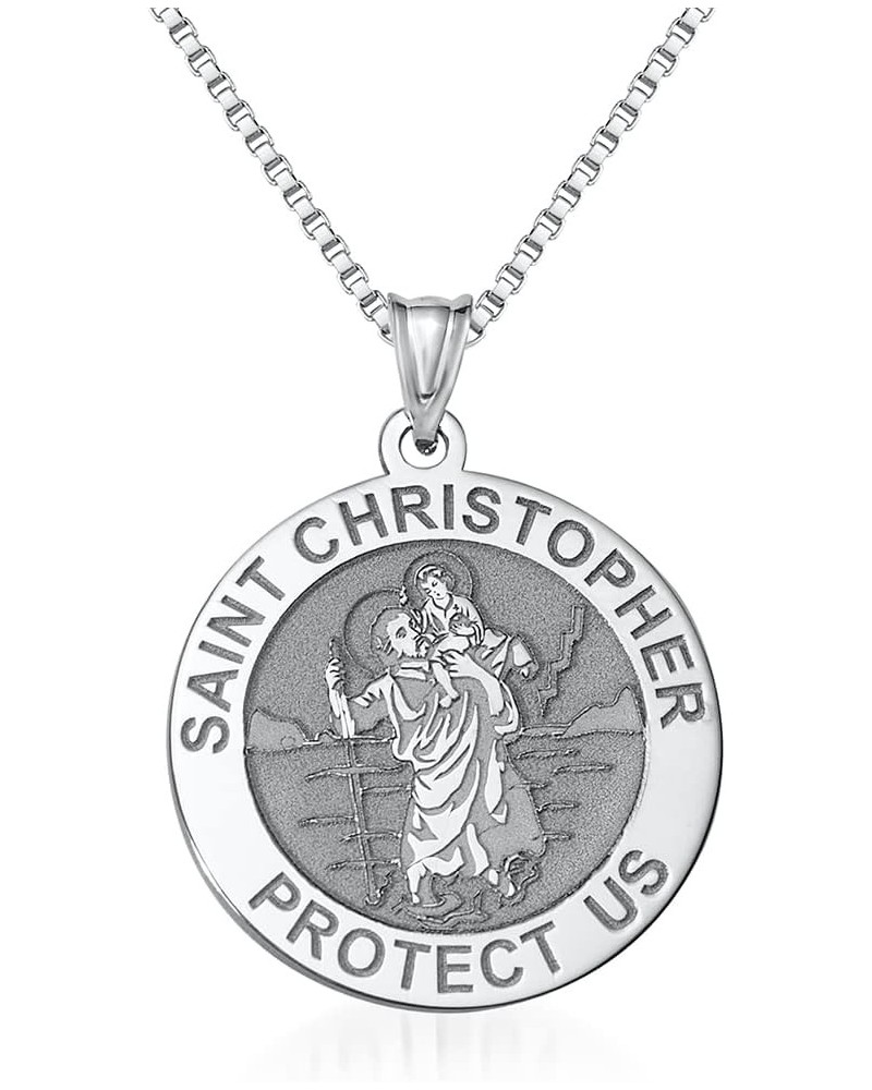 Saint Christopher Religious Round Medal Only and Medal With Engraving in Sterling Silver, 10K or 14K Gold 1 x 1 Inch Medal On...