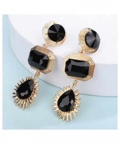 Boho Fashion Women Full Black Rhinestone Geometry Circle Tassels Earrings Statement Drop Sparkly Earrings Simple Black Dangle...