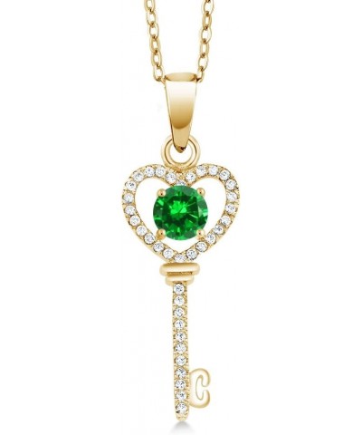 18K Yellow Gold Plated Silver Green Simulated Emerald Key Pendant Necklace For Women (1.28 Ct Round 5MM, with 18 Inch Chain) ...