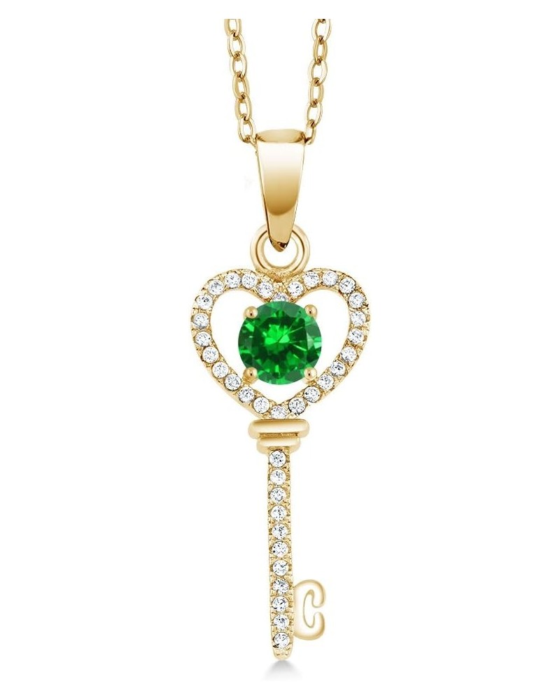 18K Yellow Gold Plated Silver Green Simulated Emerald Key Pendant Necklace For Women (1.28 Ct Round 5MM, with 18 Inch Chain) ...