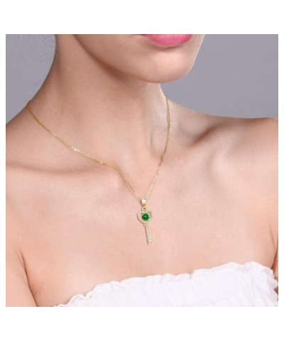 18K Yellow Gold Plated Silver Green Simulated Emerald Key Pendant Necklace For Women (1.28 Ct Round 5MM, with 18 Inch Chain) ...