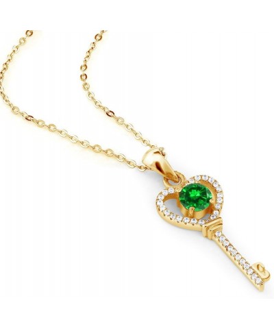 18K Yellow Gold Plated Silver Green Simulated Emerald Key Pendant Necklace For Women (1.28 Ct Round 5MM, with 18 Inch Chain) ...