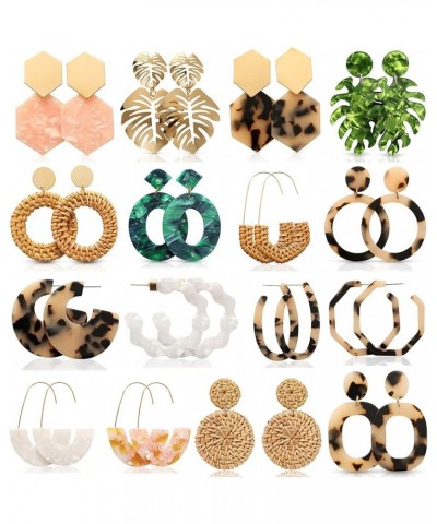 16 Pairs Trendy Acrylic Earrings Rattan Earrings for Women Girls-Summer Beach Straw Earrings Resin Dangle Drop Fashion Earrin...