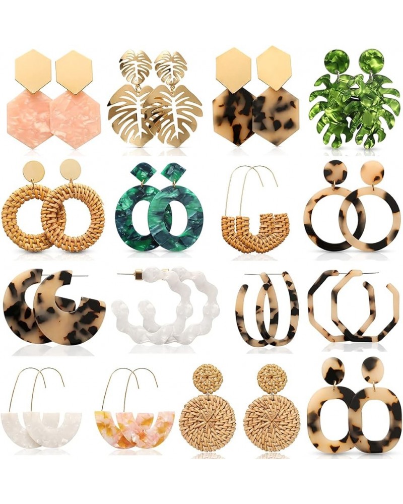 16 Pairs Trendy Acrylic Earrings Rattan Earrings for Women Girls-Summer Beach Straw Earrings Resin Dangle Drop Fashion Earrin...