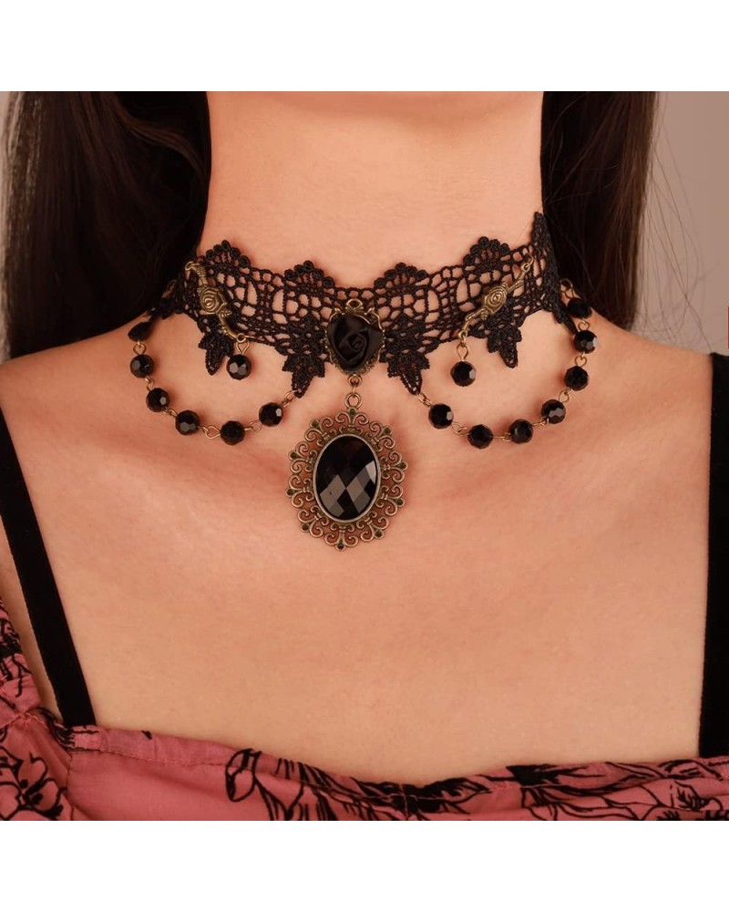 Stempunk Black Lace Necklace with Gear Clock Pendant Vintage Crystal Neck Chain Collar Choker Gothic Jewelry Party Wedding fo...