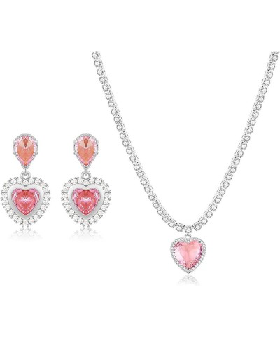 Pink Heart Necklace and Earrings Set for Women Pink Heart Shaped Necklace Rhinestone Heart Necklace Earrings Pink Heart Jewel...