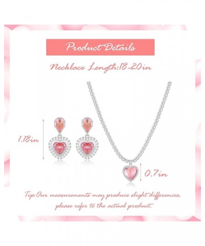 Pink Heart Necklace and Earrings Set for Women Pink Heart Shaped Necklace Rhinestone Heart Necklace Earrings Pink Heart Jewel...