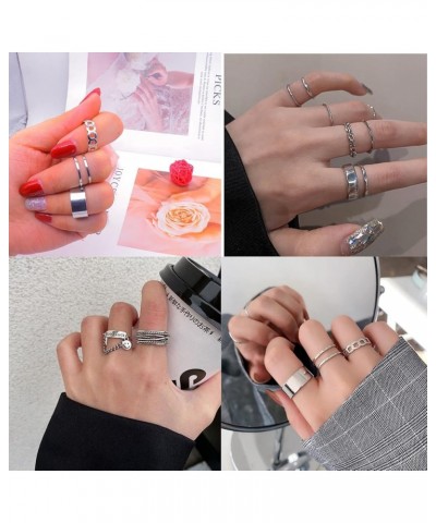 17Pcs Adjustable Punk Chain Rings Set， Vintage Knuckle Gothic Rings Set Alloy Biker Obsidian Chain Open Rings, Stackable Holl...