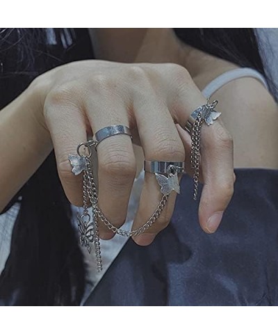 17Pcs Adjustable Punk Chain Rings Set， Vintage Knuckle Gothic Rings Set Alloy Biker Obsidian Chain Open Rings, Stackable Holl...